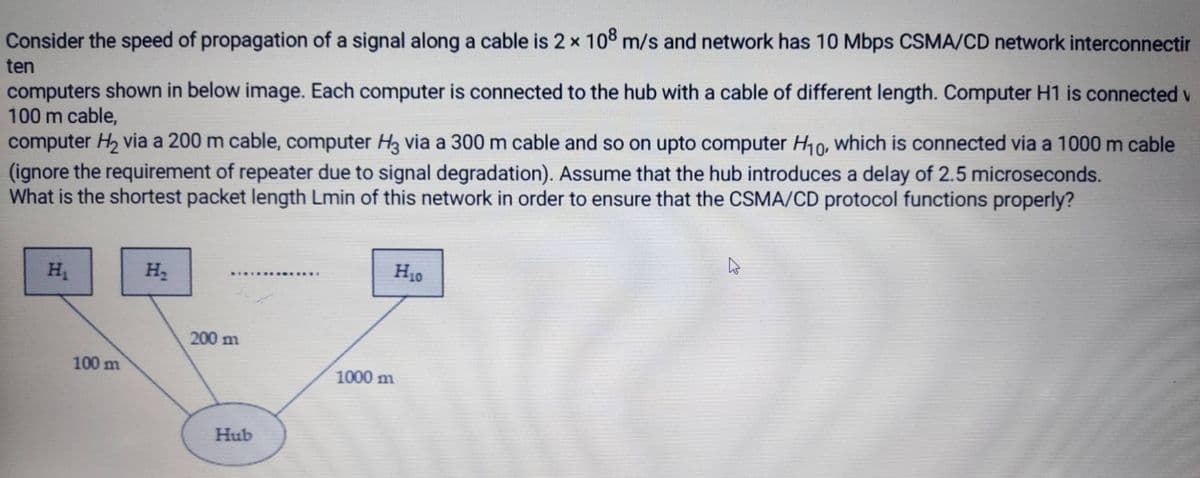 Consider the speed of propagation of a signal along a cable is 2 x 108 m/s and network has 10 Mbps CSMA/CD network interconnectir
ten
computers shown in below image. Each computer is connected to the hub with a cable of different length. Computer H1 is connected v
100 m cable,
computer H2 via a 200 m cable, computer H3 via a 300 m cable and so on upto computer H10, which is connected via a 1000 m cable
(ignore the requirement of repeater due to signal degradation). Assume that the hub introduces a delay of 2.5 microseconds.
What is the shortest packet length Lmin of this network in order to ensure that the CSMA/CD protocol functions properly?
H1
H2
H10
......
200 m
100 m
1000 m
Hub
