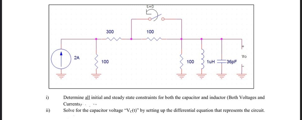 5.
t=0
300
100
Vo
2A
100
100
1uH
36pF
i)
Determine all initial and steady state constraints for both the capacitor and inductor (Both Voltages and
Currents,
ii)
Solve for the capacitor voltage "V(t)" by setting up the differential equation that represents the circuit.
