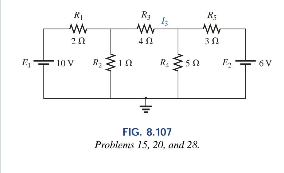 Μ
R₁
2 Ω
E — 10 V
R₂
1Ω
Μ
R3
4Ω
13
U
R₁
5Ω
FIG. 8.107
Problems 15, 20, and 28.
R5
Μ
3Ω
E2
6V