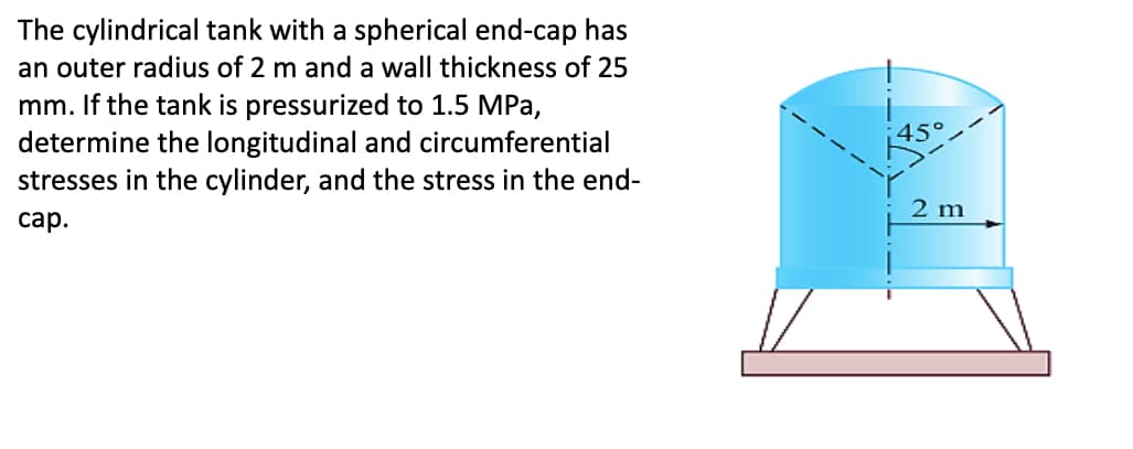 The cylindrical tank with a spherical end-cap has
an outer radius of 2 m and a wall thickness of 25
mm. If the tank is pressurized to 1.5 MPa,
determine the longitudinal and circumferential
stresses in the cylinder, and the stress in the end-
cap.
45°
2 m