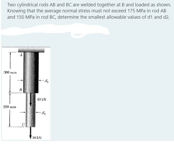 Two cylindrical rods AB and BC are welded together at B and loaded as shown.
Knowing that the average normal stress must not exceed 175 MPa in rod AB
and 150 MPa in rod BC, determine the smallest allowable values of d1 and d2.
300 mm
250 mm
A
B
C
-d₁
40 kN
-d₂.
30 kN