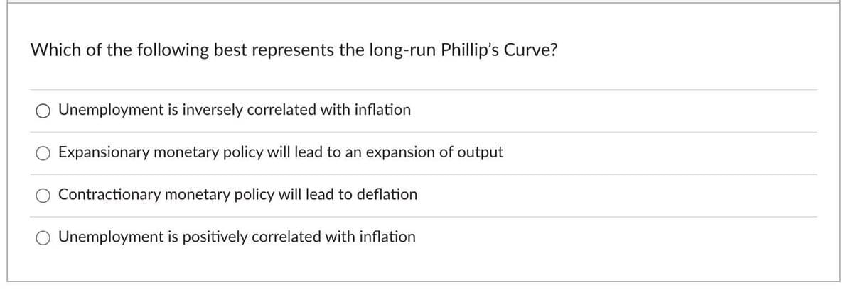 Which of the following best represents the long-run Phillip's Curve?
O Unemployment is inversely correlated with inflation
Expansionary monetary policy will lead to an expansion of output
Contractionary monetary policy will lead to deflation
O Unemployment is positively correlated with inflation
