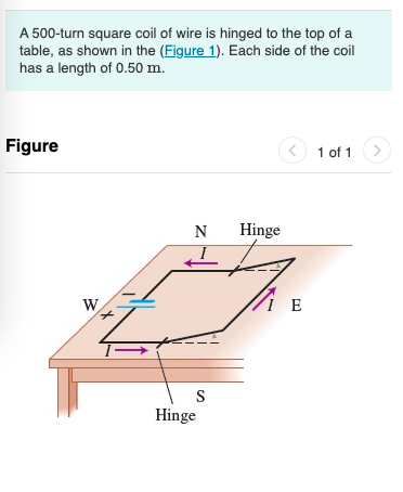 A 500-turn square coil of wire is hinged to the top of a
table, as shown in the (Figure 1). Each side of the coil
has a length of 0.50 m.
Figure
1 of 1
1
Hinge
W.
I E
S
Hinge
