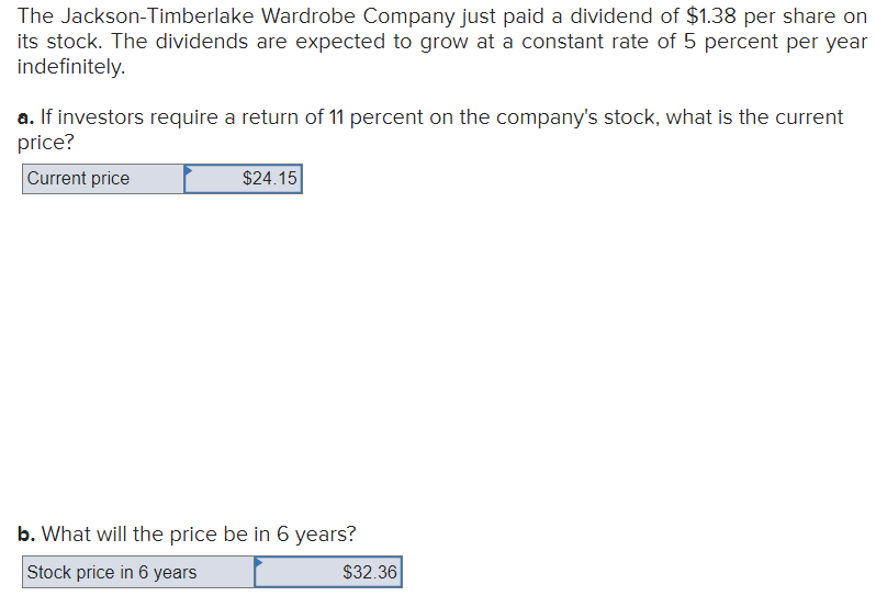The
Jackson-Timberlake Wardrobe Company just paid a dividend of $1.38 per share on
its stock. The dividends are expected to grow at a constant rate of 5 percent per year
indefinitely.
a. If investors require a return of 11 percent on the company's stock, what is the current
price?
Current price
$24.15
b. What will the price be in 6 years?
Stock price in 6 years
$32.36