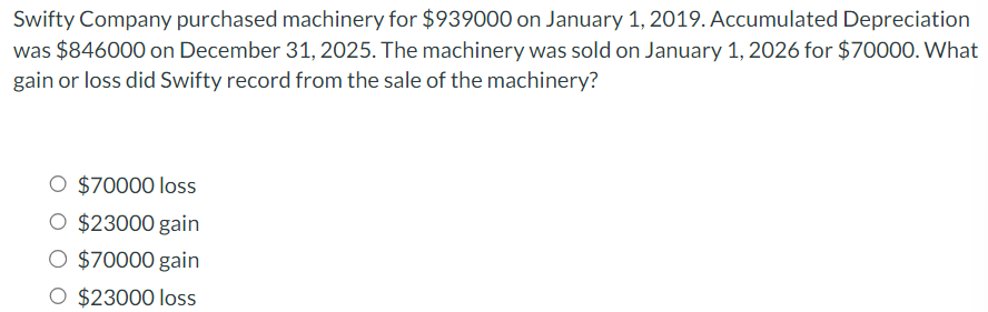 Swifty Company purchased machinery for $939000 on January 1, 2019. Accumulated Depreciation
was $846000 on December 31, 2025. The machinery was sold on January 1, 2026 for $70000. What
gain or loss did Swifty record from the sale of the machinery?
O $70000 loss
O $23000 gain
O $70000 gain
O $23000 loss