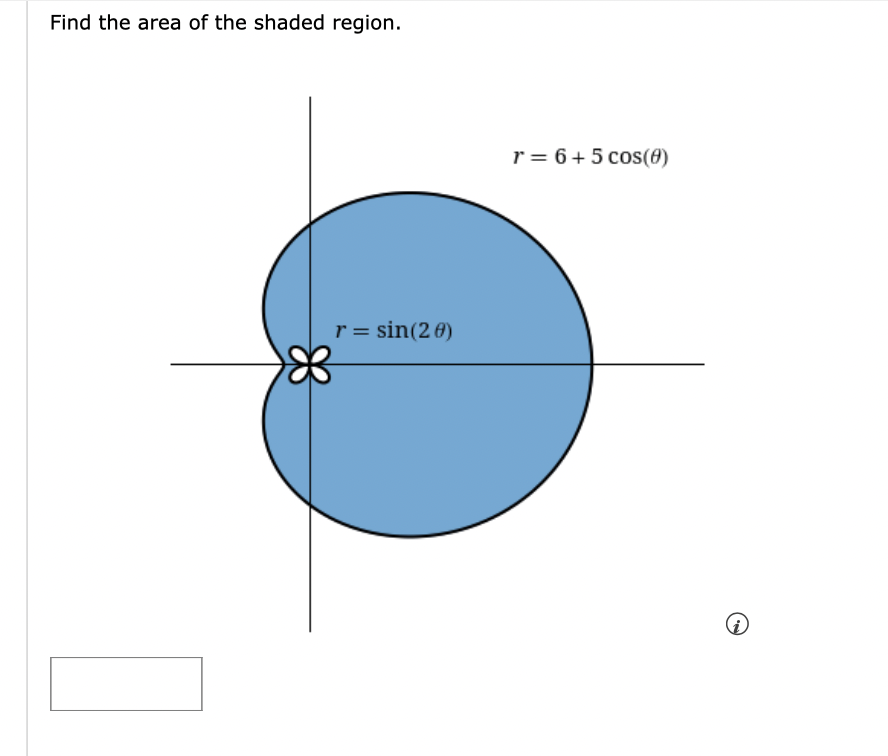 Find the area of the shaded region.
r = 6+5 cos(8)
r = sin(2 0)
