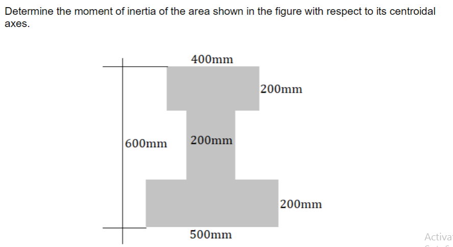 Determine the moment of inertia of the area shown in the figure with respect to its centroidal
аxes.
400mm
200mm
600mm
200mm
200mm
500mm
Activa
