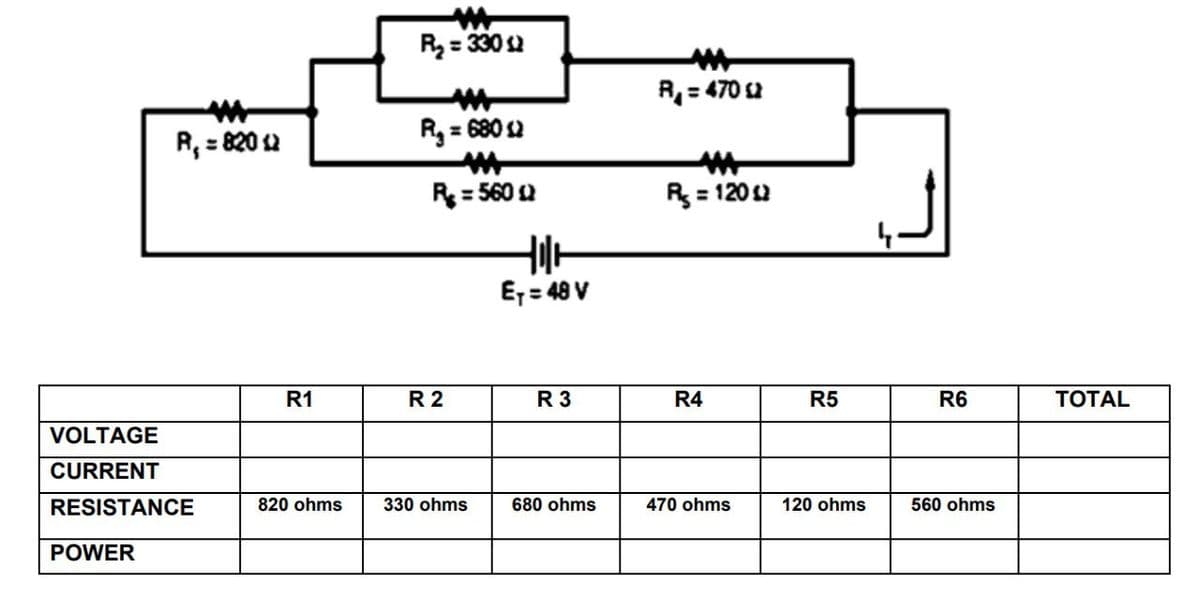 R = 330 2
R = 470 2
R, = 820 2
Rg = 680 2
R = 560 2
R = 1202
%3D
4.
É7= 48 V
R1
R2
R 3
R4
R5
R6
TOTAL
VOLTAGE
CURRENT
RESISTANCE
820 ohms
330 ohms
680 ohms
470 ohms
120 ohms
560 ohms
POWER
