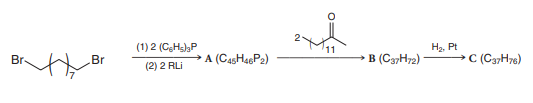 (1) 2 (CHs),P
H2, Pt
→C (C3H76)
Br-
Br
A (C4SH4P2)
B (C3yH72)
(2) 2 RLI
