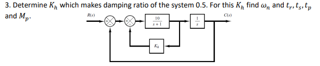 3. Determine K, which makes damping ratio of the system 0.5. For this Kp find w, and tp, ts, tp
and Mp-
R(s)
Cs)
10
KA
