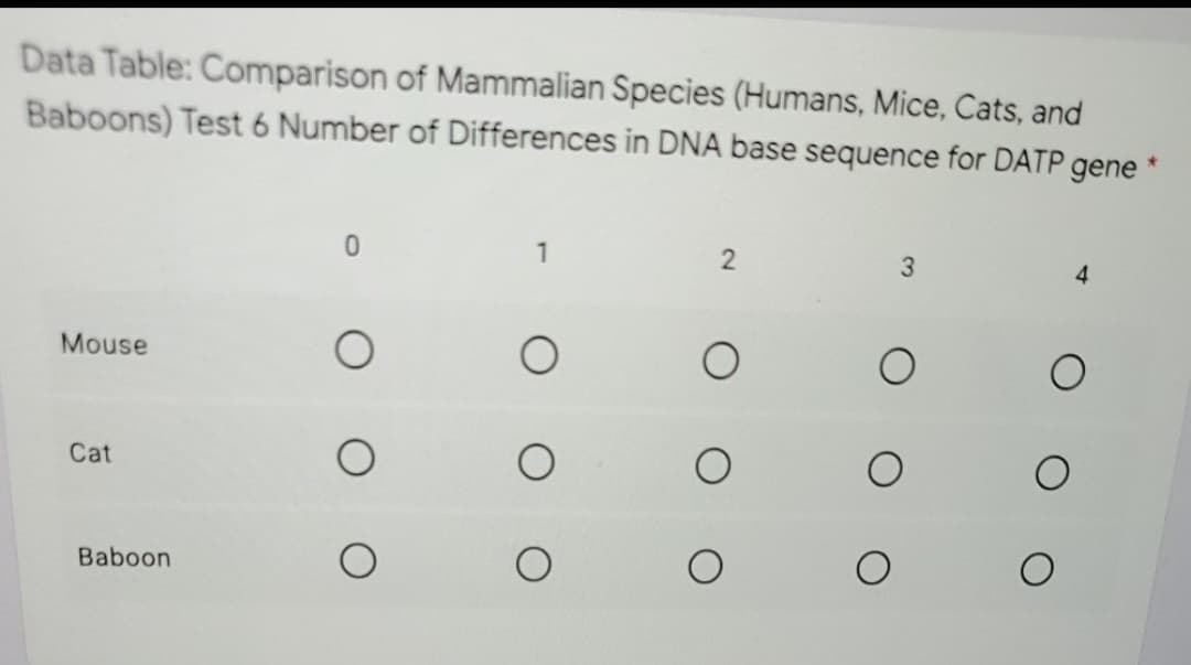 Data Table: Comparison of Mammalian Species (Humans, Mice, Cats, and
Baboons) Test 6 Number of Differences in DNA base sequence for DATP gene *
1
4
Mouse
Cat
Baboon
