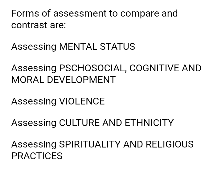 Forms of assessment to compare and
contrast are:
Assessing MENTAL STATUS
Assessing PSCHOSOCIAL, COGNITIVE AND
MORAL DEVELOPMENT
Assessing VIOLENCE
Assessing CULTURE AND ETHNICITY
Assessing SPIRITUALITY AND RELIGIOUS
PRACTICES
