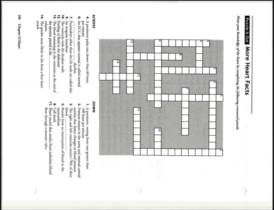 Puzzle It Out More Heart Facts
Hone your knowledge of the heart by completing the following crossword puzzle.
ACROSS
DOWN
1. A persistent, resting heart rate greater than
100 beats per minute
2. Pressure sensors in the aorta and internal carotid
arteries that detect changes in blood pressure
3. The right and left ventricles receive 70% of their
blood
5. Results from an interruption of blood to the
myocardium
8. Cell death
11. Heart sound that results from turbulent blood
flow through a stenotic valve
4. A persistent pulse rate slower than 60 beats
per minute
6. An ECG that appears normal is called normal
rhythm.
7. Pacemakers other than the SA node are called this
9. An irregular heartbeat
10. The ventricle with the thickest walls
12. Pooling of fluid in the abdomen
13. The blood remaining in the ventricles at the end of
the ejection period is the .
volume.
14. The gender most likely to die from a first heart
attack
196 Chapter 15 Heart
