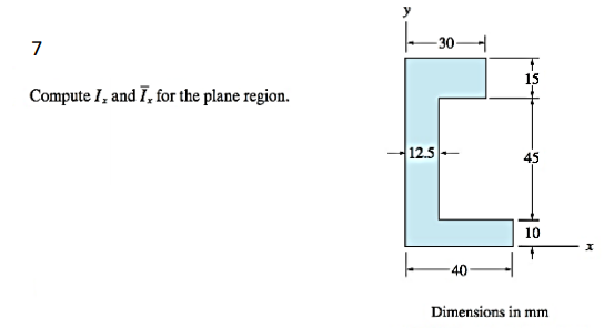 7
-30-
15
Compute I, and 7, for the plane region.
12.5
45
10
-40
Dimensions in mm
