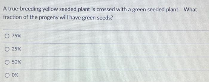 A true-breeding yellow seeded plant is crossed with a green seeded plant. What
fraction of the progeny will have green seeds?
O 75%
O 25%
O 50%
O 0%
