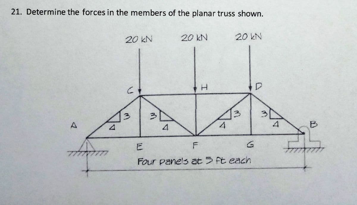 21. Determine the forces in the members of the planar truss shown.
20 KN
20 kN
20 kN
13
3
4
4
Four panels at 5 Ft each
