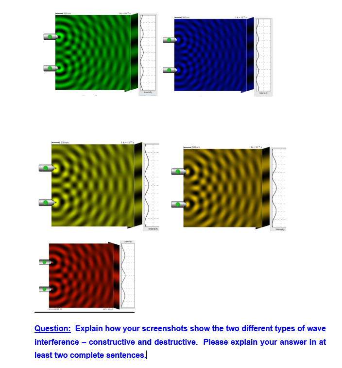 Inteity
rty
(500nm
Question: Explain how your screenshots show the two different types of wave
interference - constructive and destructive. Please explain your answer in at
least two complete sentences.
