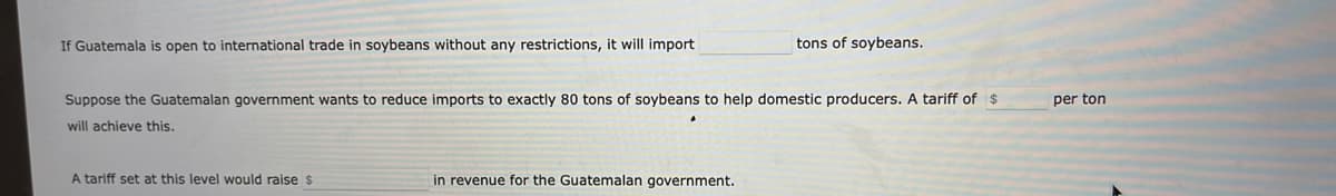 If Guatemala is open to international trade in soybeans without any restrictions, it will import
tons of soybeans.
Suppose the Guatemalan government wants to reduce imports to exactly 80 tons of soybeans to help domestic producers. A tariff of $
per ton
will achieve this.
A tariff set at this level would raise $
in revenue for the Guatemalan government.
