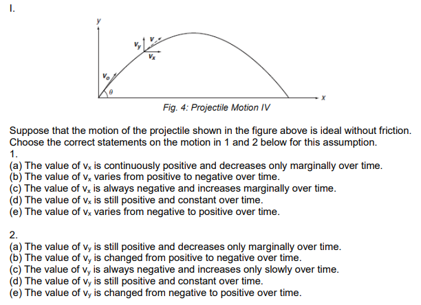 I.
Fig. 4: Projectile Motion IV
Suppose that the motion of the projectile shown in the figure above is ideal without friction.
Choose the correct statements on the motion in 1 and 2 below for this assumption.
1.
(a) The value of vx is continuously positive and decreases only marginally over time.
(b) The value of Vx varies from positive to negative over time.
(c) The value of v, is always negative and increases marginally over time.
(d) The value of Vx is still positive and constant over time.
(e) The value of vx varies from negative to positive over time.
2.
(a) The value of vy is still positive and decreases only marginally over time.
(b) The value of vy is changed from positive to negative over time.
(c) The value of v, is always negative and increases only slowly over time.
(d) The value of vy is still positive and constant over time.
(e) The value of vy is changed from negative to positive over time.
