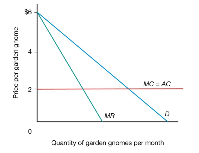 Price per garden gnome
$6
4
2
0
MR
MC = AC
Quantity of garden gnomes per month
D
