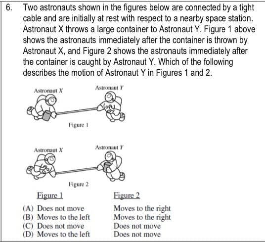 6. Two astronauts shown in the figures below are connected by a tight
cable and are initially at rest with respect to a nearby space station.
Astronaut X throws a large container to Astronaut Y. Figure 1 above
shows the astronauts immediately after the container is thrown by
Astronaut X, and Figure 2 shows the astronauts immediately after
the container is caught by Astronaut Y. Which of the following
describes the motion of Astronaut Y in Figures 1 and 2.
Astronaut X
Astronaut Y
Figure I
Astronaut X
Astronaut Y
Figure 2
Figure 1
Figure 2
(A) Does not move
(B) Moves to the left
(C) Does not move
(D) Moves to the left
Moves to the right
Moves to the right
Does not move
Does not move
