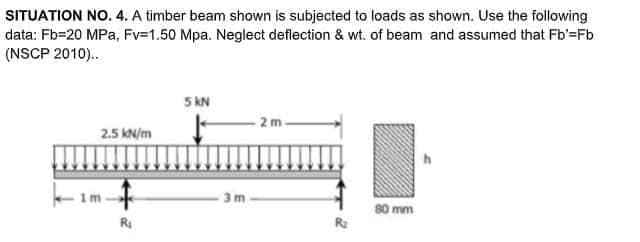 SITUATION NO. 4. A timber beam shown is subjected to loads as shown. Use the following
data: Fb=20 MPa, Fv=1.50 Mpa. Neglect deflection & wt. of beam and assumed that Fb'=Fb
(NSCP 2010)..
5 KN
2m
2.5 kN/m
h
im
R₁
3m
80 mm
