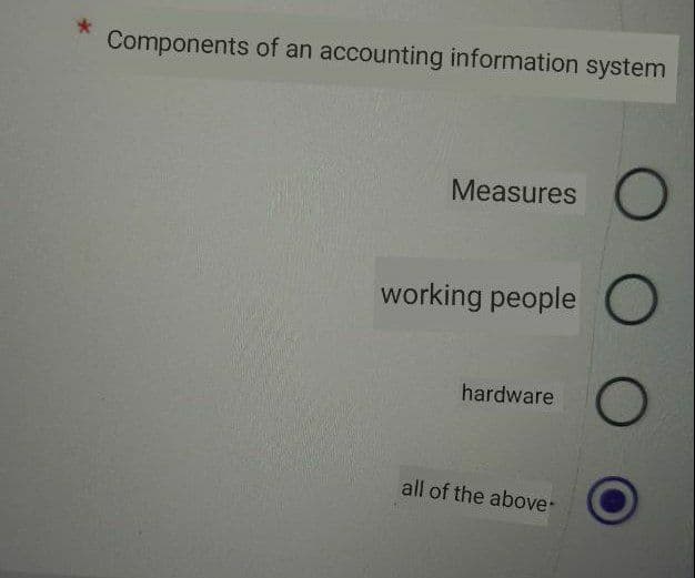 Components of an accounting information system
Measures
working people
hardware
all of the above
