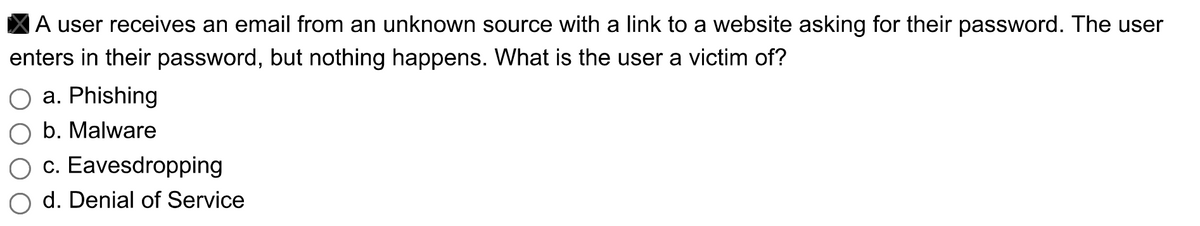 A user receives an email from an unknown source with a link to a website asking for their password. The user
enters in their password, but nothing happens. What is the user a victim of?
a. Phishing
b. Malware
c. Eavesdropping
d. Denial of Service