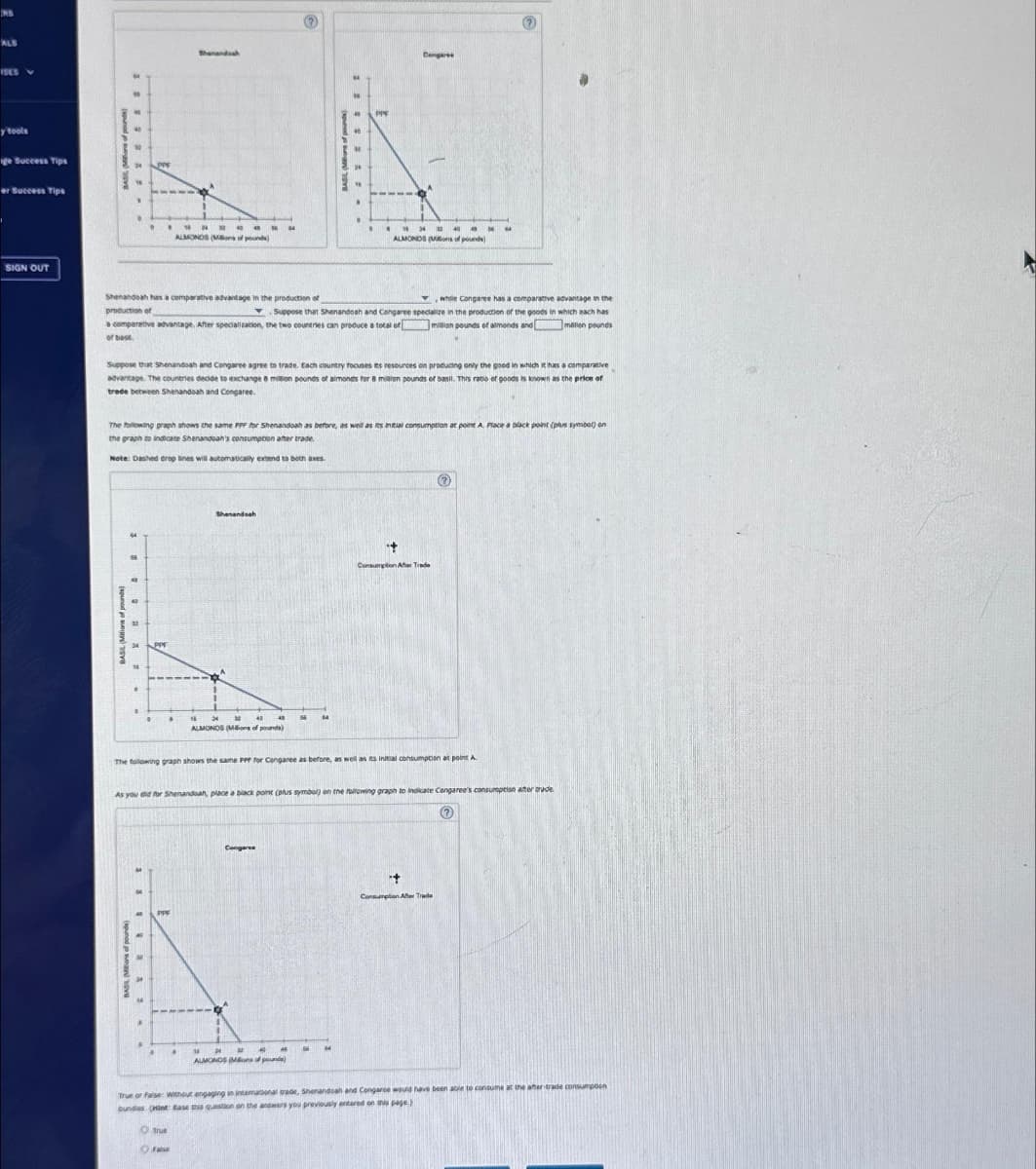 ALS
ISES V
y tools
ge Success Tips
er Success Tips
.
SIGN OUT
18
W
PPF
Shenandoah has a comparative advantage in the production of
production of
. NNN
ALMONDS (Ms of pounds)
3 ******
(spuned to su
Shenandoah
a comparative advantage. After specialization, the two countries can produce a total of
or base
Note: Dashed drop lines will automatically extend to both aves.
41
Suppose that Shenandoah and Congaree agree to trade. Each country focuses es resources on producing only the good in which it has a comparative
advantage. The countries decide to exchange 8 million pounds of almonds for 8 milion pounds of basil. This ratio of goods is known as the price of
trade between Shenandoah and Congaree.
The following graph shows the same PPF for Shenandoah as before, as well as its initial consumption at point A. Place a black point (plus symbol)on
the graph to indicate Shenandoah's consumption after trade.
16
true
4
False
44
Shenandoah
24
12
ALMONOS (MAons of pounds)
41
40 45
while Congaree has a comparative advantage in the
Suppose that Shenandoah and Cangaree specialize in the production of the goods in which each has
million pounds of almonds and mation pounds
or[
Congaree
PP
56
The following graph shows the same PPF for Congaree as before, as well as its initial consumption at point A
16
24 32
4
4
ALMONDS (MAns of pounds)
A
64
As you did for Shenandoah, place a black point (plus symbol) on the following graph to indicate Cangaree's consumption altertrude
(?)
24 12
ALMONDS (MGons of pounds)
56
Cigare
64
14
+
Consumption Afar Trade
+
Consumption A T
True or False: Without engaging in international trade, Shenandoah and Congaree would have been able to consume at the after-trade consumpoon
bundles. (Hint: Base this question on the answers you previously entered on this page)