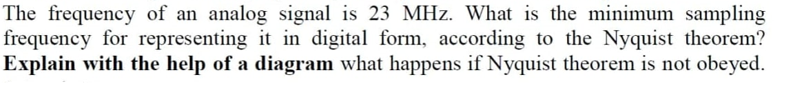 The frequency of an analog signal is 23 MHz. What is the minimum sampling
frequency for representing it in digital form, according to the Nyquist theorem?
Explain with the help of a diagram what happens if Nyquist theorem is not obeyed.