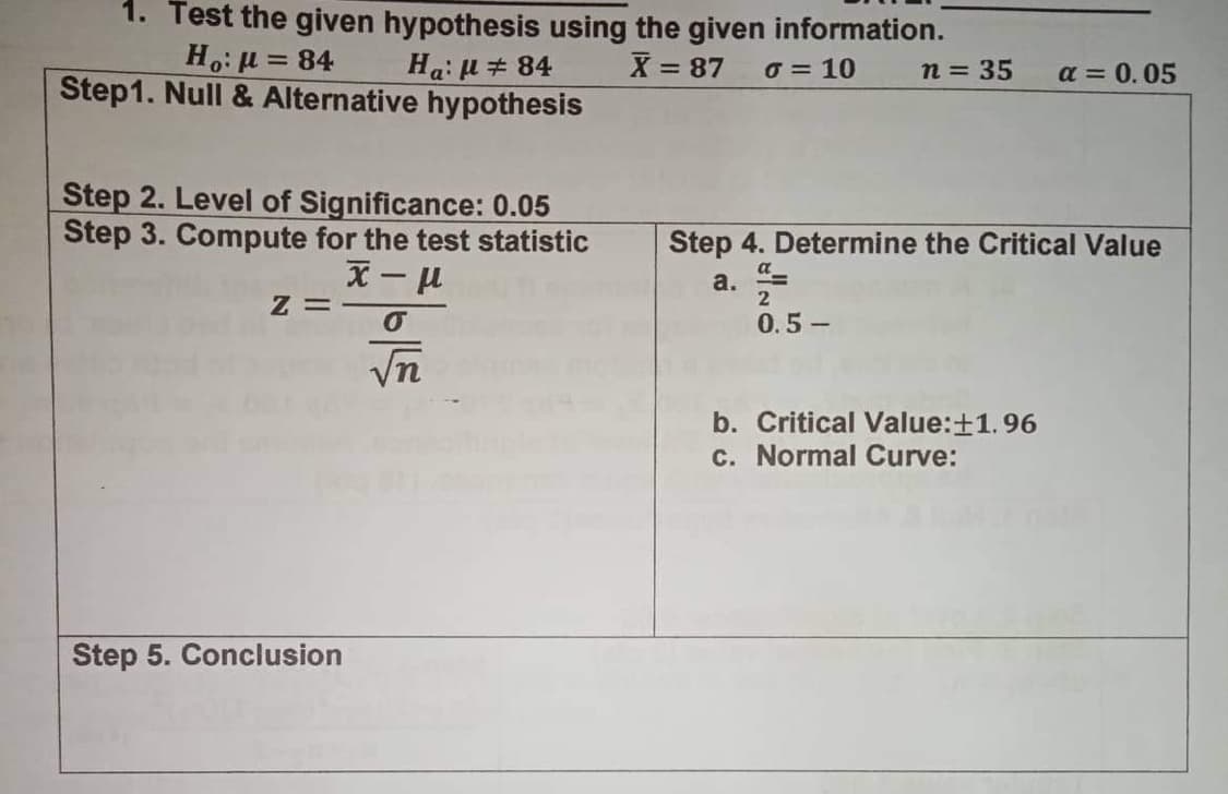 1. Test the given hypothesis using the given information.
Ha: μ# 84
Ho: μ = 84
X = 87 0 = 10
n = 35
α = 0.05
Step1. Null & Alternative hypothesis
Step 2. Level of Significance: 0.05
Step 3. Compute for the test statistic
Step 4. Determine the Critical Value
χ-μ
a_
a.
2
Z=
0.5-
b. Critical Value: ±1.96
c. Normal Curve:
Step 5. Conclusion
|O|LE
√n