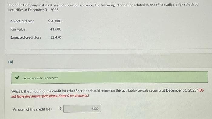 Sheridan Company in its first year of operations provides the following information related to one of its available-for-sale debt
securities at December 31, 2025.
Amortized cost
Fair value
Expected credit loss
(a)
$50,800
41,600
12.450
Your answer is correct.
What is the amount of the credit loss that Sheridan should report on this available-for-sale security at December 31, 2025? (Do
not leave any answer field blank. Enter O for amounts.)
Amount of the credit loss. $
9200