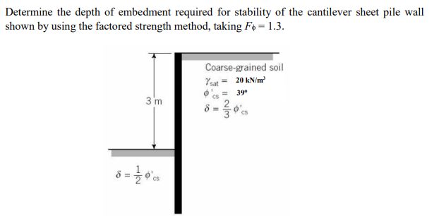 Determine the depth of embedment required for stability of the cantilever sheet pile wall
shown by using the factored strength method, taking F4 = 1.3.
Coarse-grained soil
Ysat = 20 kN/m
O's = 39"
3 m
8 =
O'cs
