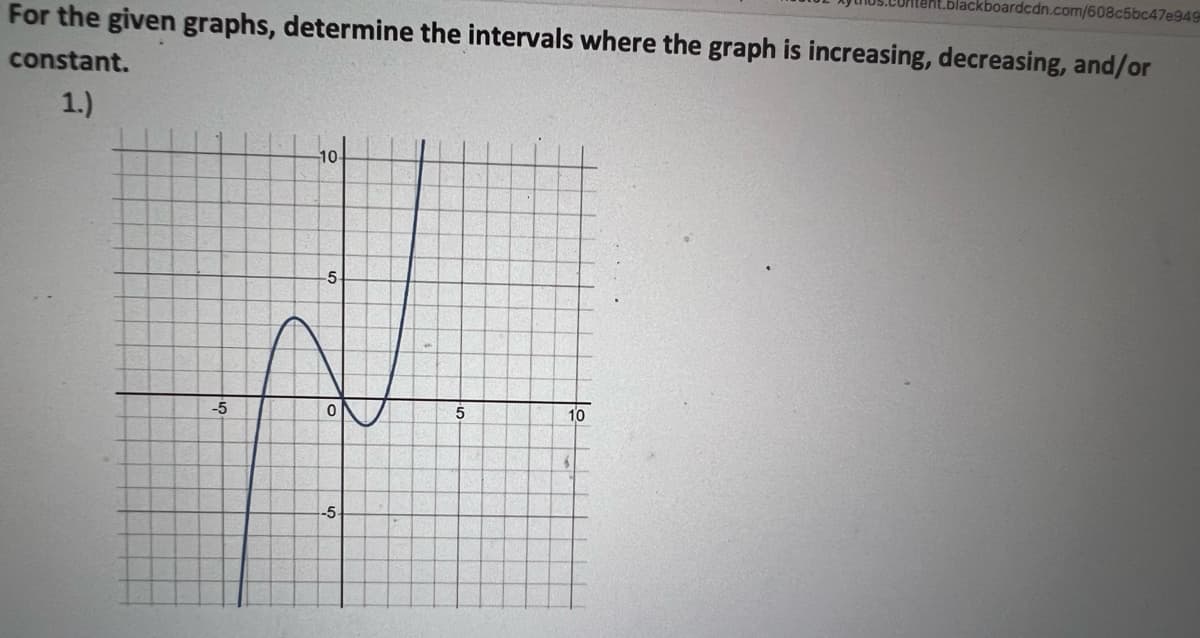 For the given graphs, determine the intervals where the graph is increasing, decreasing, and/or
constant.
1.)
-5
-10-
-5-
0
-5
5
pardcdn.com/608c5bc47e949
10