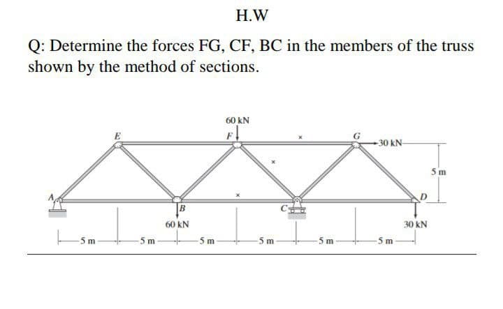 H.W
Q: Determine the forces FG, CF, BC in the members of the truss
shown by the method of sections.
60 kN
-30 kN-
5 m
B
60 kN
30 kN
5 m
-5m-
-5 m-
-5 m
-5 m
-5m-
