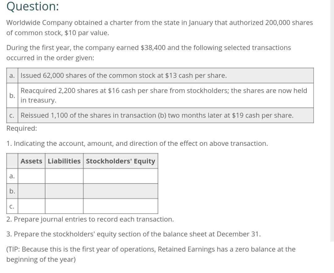 Question:
Worldwide Company obtained a charter from the state in January that authorized 200,000 shares
of common stock, $10 par value.
During the first year, the company earned $38,400 and the following selected transactions
occurred in the order given:
a. Issued 62,000 shares of the common stock at $13 cash per share.
b.
Reacquired 2,200 shares at $16 cash per share from stockholders; the shares are now held
in treasury.
C. Reissued 1,100 of the shares in transaction (b) two months later at $19 cash per share.
Required:
1. Indicating the account, amount, and direction of the effect on above transaction.
a.
Assets Liabilities Stockholders' Equity
b.
C.
2. Prepare journal entries to record each transaction.
3. Prepare the stockholders' equity section of the balance sheet at December 31.
(TIP: Because this is the first year of operations, Retained Earnings has a zero balance at the
beginning of the year)