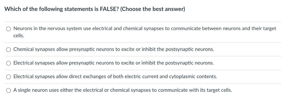 Which of the following statements is FALSE? (Choose the best answer)
O Neurons in the nervous system use electrical and chemical synapses to communicate between neurons and their target
cells.
Chemical synapses allow presynaptic neurons to excite or inhibit the postsynaptic neurons.
O Electrical synapses allow presynaptic neurons to excite or inhibit the postsynaptic neurons.
O Electrical synapses allow direct exchanges of both electric current and cytoplasmic contents.
A single neuron uses either the electrical or chemical synapses to communicate with its target cells.