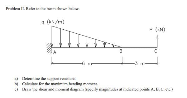 Problem II. Refer to the beam shown below.
9 (kN/m)
P (kN)
A
B
C
-6 m-
-3 m-
a) Determine the support reactions.
b) Calculate for the maximum bending moment.
c) Draw the shear and moment diagram (specify magnitudes at indicated points A, B, C, etc.)
