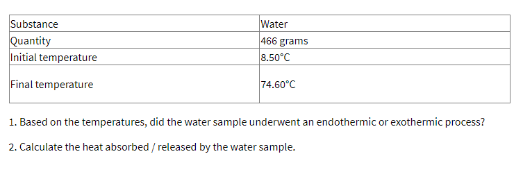 Substance
Quantity
Initial temperature
Final temperature
Water
466 grams
8.50°C
74.60°C
1. Based on the temperatures, did the water sample underwent an endothermic or exothermic process?
2. Calculate the heat absorbed / released by the water sample.
