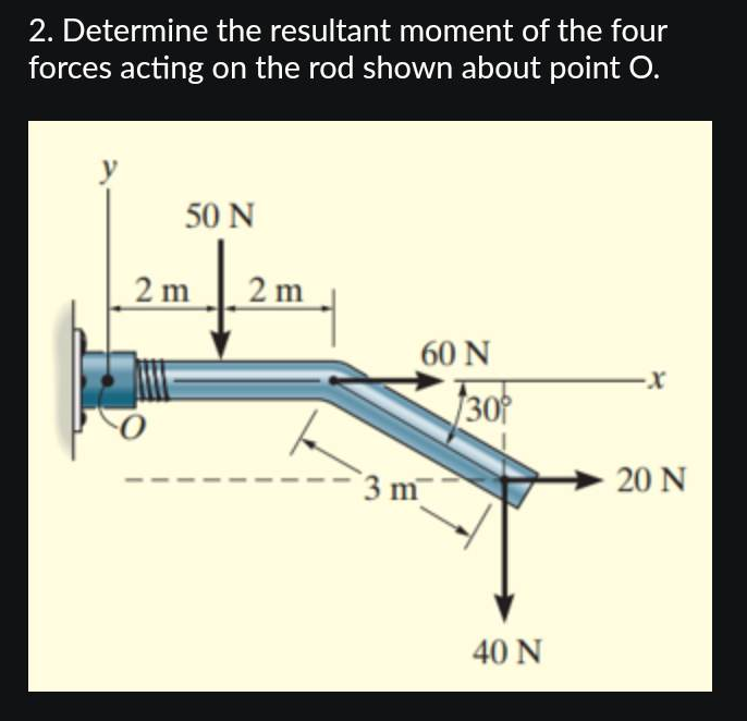 2. Determine the resultant moment of the four
forces acting on the rod shown about point O.
50 N
£²
2 m
2 m
60 N
130
3 m
40 N
20 N