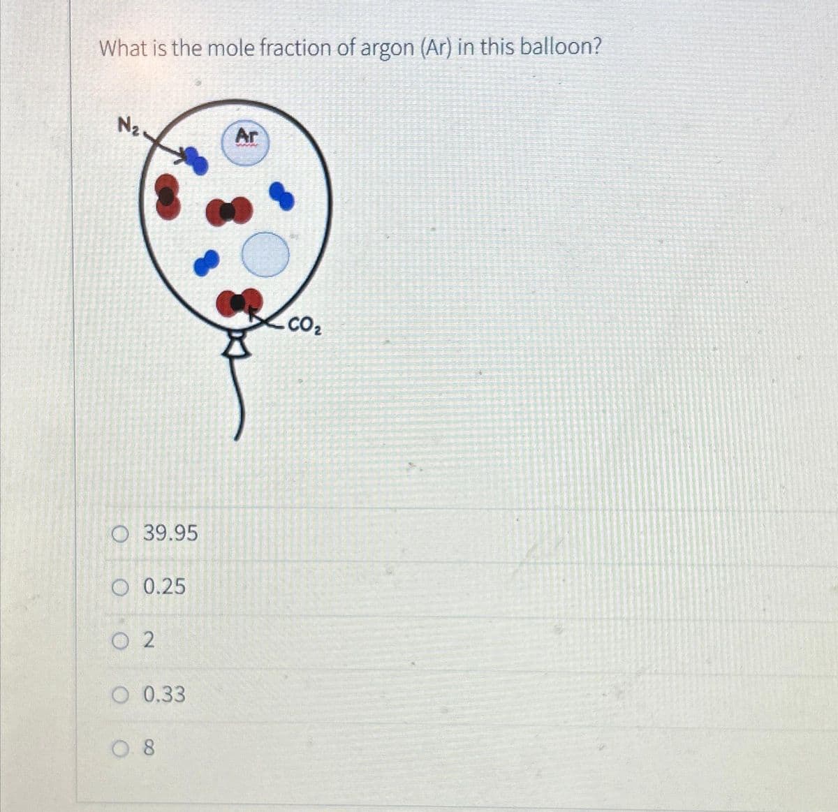 What is the mole fraction of argon (Ar) in this balloon?
N₂
O 39.95
O 0.25
02
O 0.33
0.8
Ar
-
CO₂