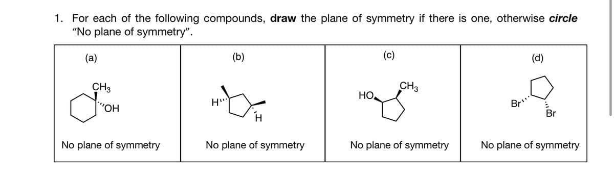 1. For each of the following compounds, draw the plane of symmetry there is one, otherwise circle
"No plane of symmetry".
(a)
CH3
d'OH
"OH
No plane of symmetry
(b)
H"
XX
No plane of symmetry
HO
(c)
CH3
No plane of symmetry
Br"
(d)
Br
No plane of symmetry