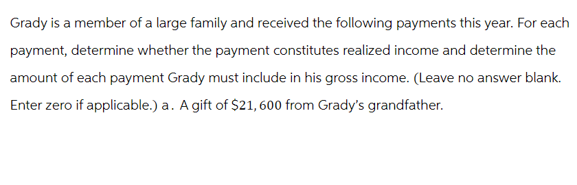 Grady is a member of a large family and received the following payments this year. For each
payment, determine whether the payment constitutes realized income and determine the
amount of each payment Grady must include in his gross income. (Leave no answer blank.
Enter zero if applicable.) a. A gift of $21, 600 from Grady's grandfather.