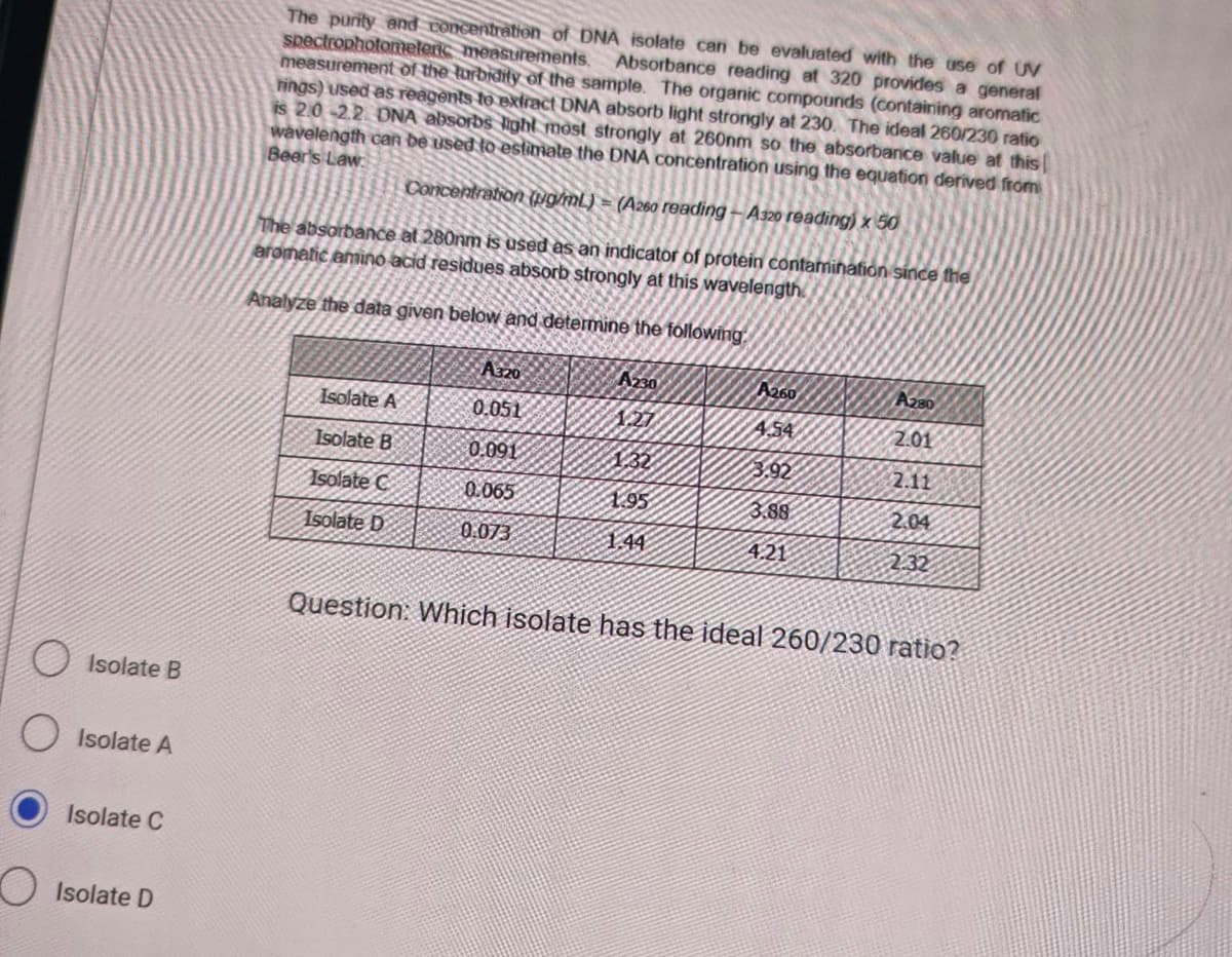 Isolate B
O Isolate A
Isolate C
O Isolate D
The purity and concentration of DNA isolate can be evaluated with the use of UV
spectrophotomeleric measurements.
measurement of the turbidity of the sample. The organic compounds (containing aromatic
Absorbance reading at 320 provides a general
rings) used as reagents to extract DNA absorb light strongly at 230. The ideal 260/230 ratio
is 2.0-2.2. DNA absorbs light most strongly at 260nm so the absorbance value at this
wavelength can be used to estimate the DNA concentration using the equation derived from
Beer's Law:
Concentration (pg/mL) = (A260 reading -A320 reading) x 50
The absorbance at 280nm is used as an indicator of protein contamination since the
aromatic amino acid residues absorb strongly at this wavelength
Analyze the data given below and determine the following.
Isolate A
Isolate B
Isolate C
Isolate D
A320
0.051
0.091
0.065
0.073
A230
1227
1.32
1.95
1.44
A260
4.54
3.92
3.88
4.21
A280
2.01
2.11
2.04
2.32
Question: Which isolate has the ideal 260/230 ratio?