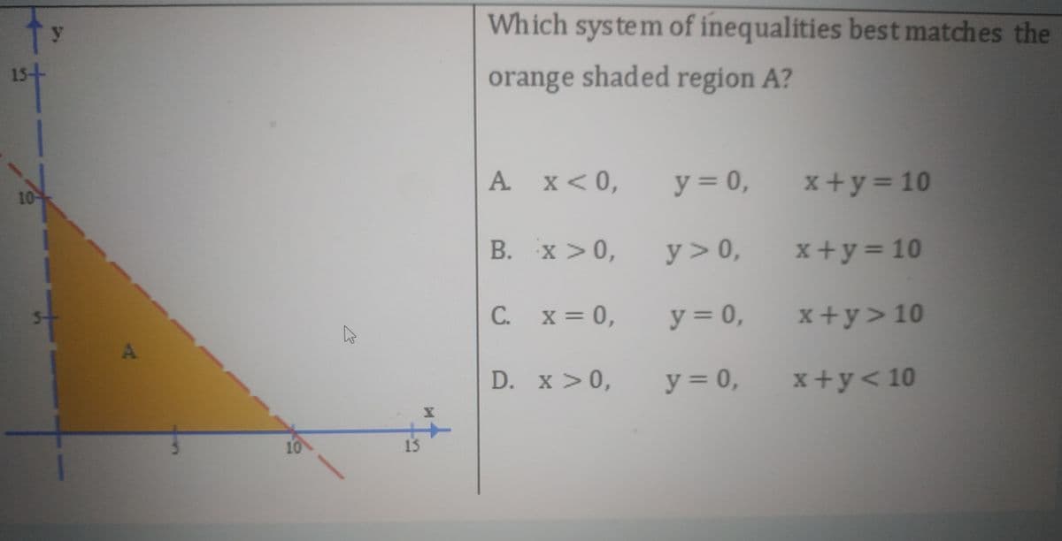 y.
Which system of inequalities best matches the
orange shaded region A?
A x<0,
y = 0,
x +y=10
10
%3D
B. x >0,
y> 0,
x+y=10
C. x = 0,
y = 0,
x+y>10
%3D
D. x >0,
y= 0,
x+y<10
10
13
