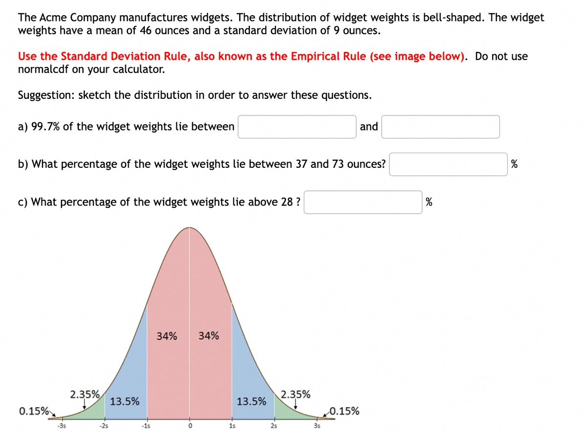 The Acme Company manufactures widgets. The distribution of widget weights is bell-shaped. The widget
weights have a mean of 46 ounces and a standard deviation of 9 ounces.
Use the Standard Deviation Rule, also known as the Empirical Rule (see image below). Do not use
normalcdf on your calculator.
Suggestion: sketch the distribution in order to answer these questions.
a) 99.7% of the widget weights lie between
b) What percentage of the widget weights lie between 37 and 73 ounces?
c) What percentage of the widget weights lie above 28?
0.15%
-3s
2.35%
-25
13.5%
-1s
34% 34%
1s
13.5%
2s
2.35%
3s
and
0.15%
%
%