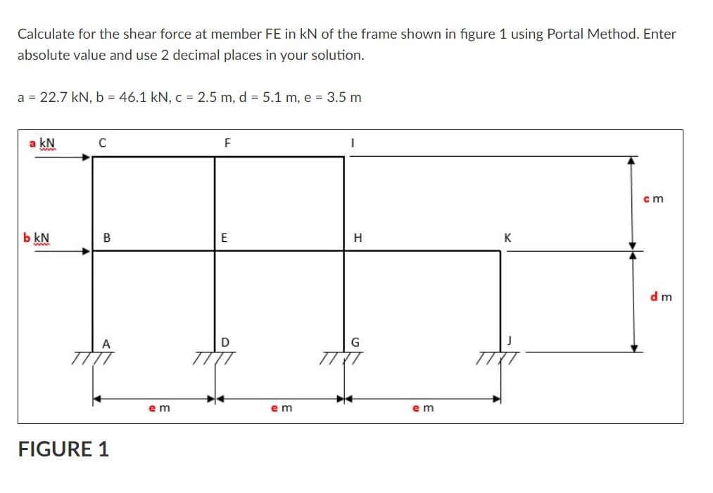 Calculate for the shear force at member FE in kN of the frame shown in figure 1 using Portal Method. Enter
absolute value and use 2 decimal places in your solution.
a = 22.7 kN, b = 46.1 kN, c = 2.5 m, d = 5.1 m, e = 3.5 m
a kN
cm
b kN
E
H
K
d m
e m
e m
e m
FIGURE 1
