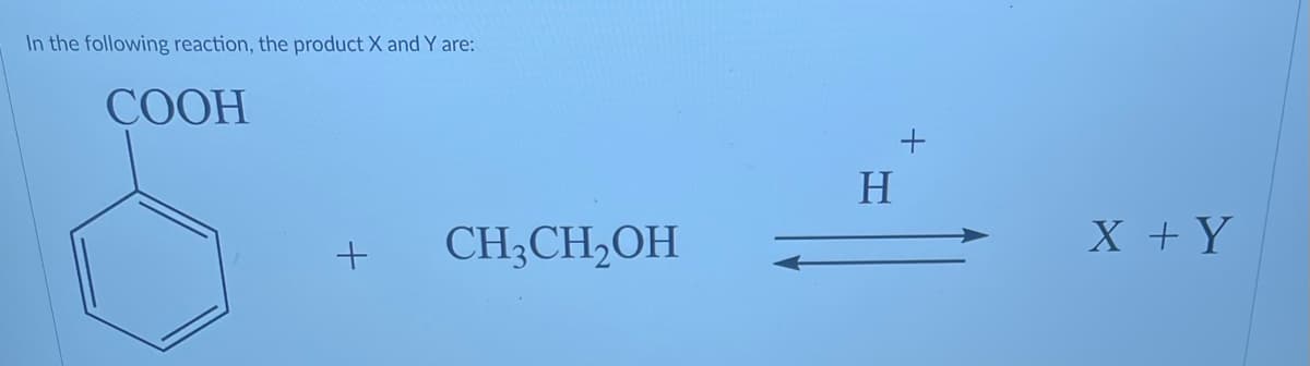 In the following reaction, the product X and Y are:
COOH
+
CH3CH2OH
H
X + Y