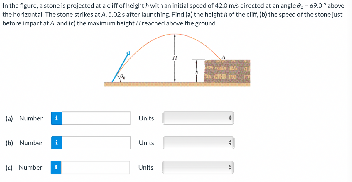 In the figure, a stone is projected at a cliff of height h with an initial speed of 42.0 m/s directed at an angle 00 = 69.0° above
the horizontal. The stone strikes at A, 5.02 s after launching. Find (a) the height h of the cliff, (b) the speed of the stone just
before impact at A, and (c) the maximum height H reached above the ground.
H
A
(a) Number
i
Units
(b) Number
i
Units
(c) Number
Units
