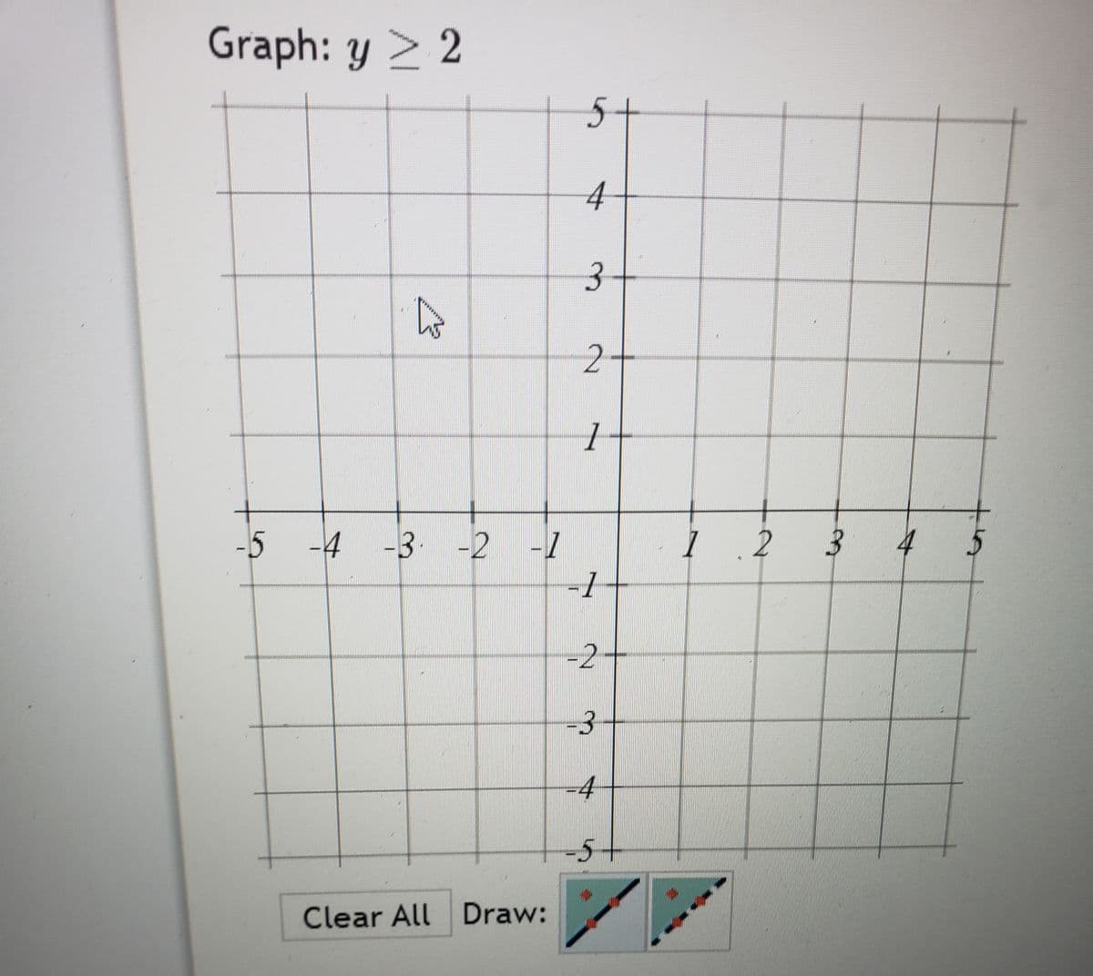 Graph: y > 2
5-
2
-5
-4 -3 -2 -1
1
-2-
-3
-4
5+
Clear All Draw:
